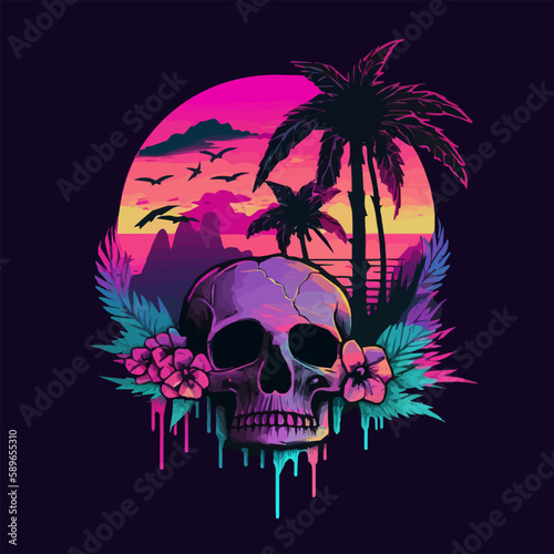 Skull and neon city, palm. Retrowave cartoon style