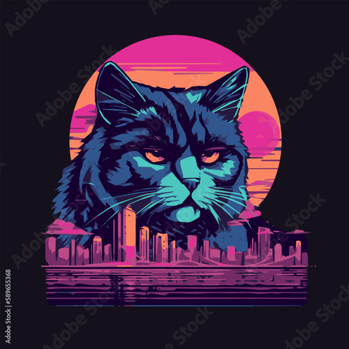 Cat and night neon city. Retrowave style. Vector illustration