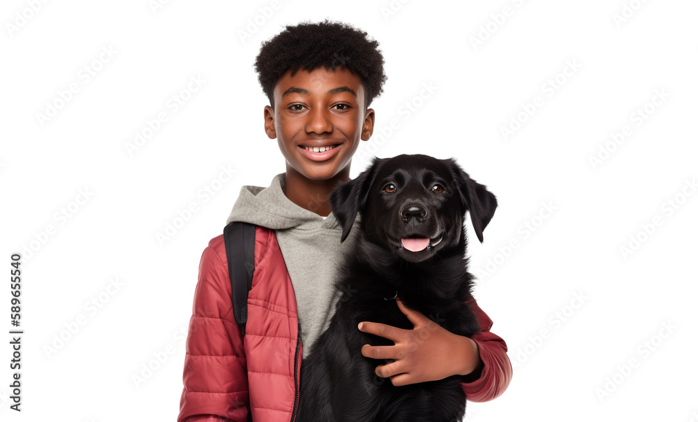 boy lovingly embraces his pet dog, isolated on white, Created using generative AI tools. boy lovingly embraces his pet dog, isolated on white, Created using generative AI tools.