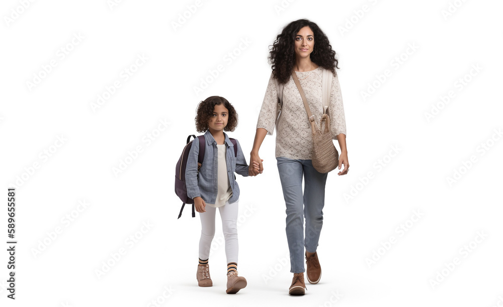 family, childhood and parenthood concept - mother with daughter walking, isolated on white,  Created using generative AI tools.