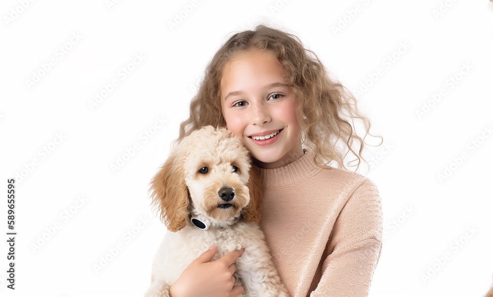 girl lovingly embraces his pet dog, isolated on white, Created using generative AI tools. girl lovingly embraces his pet dog, isolated on white, Created using generative AI tools.