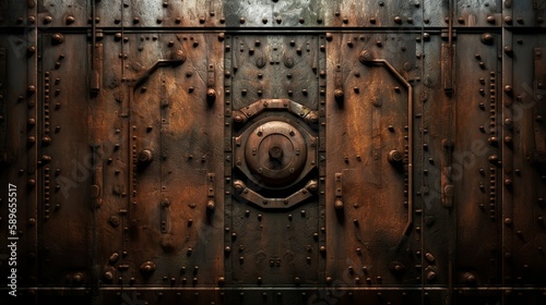 Rusty iron wall steampunk texture with pipes and cables and rivets background generative ai
