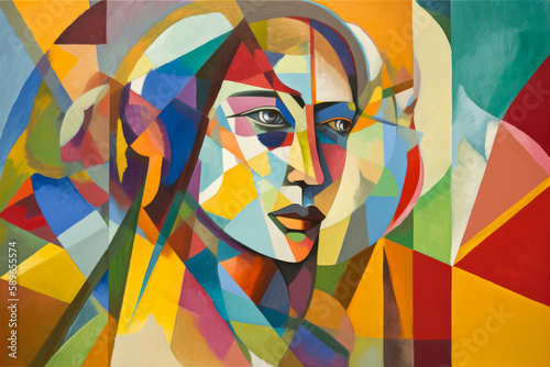 Cubist Portrait of a Woman in Geometric Abstraction with Bold Colors and Angular Shapes, generative ai