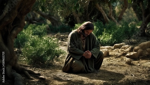 Photograph of Jesus praying in the garden of Gethsemane. Generative AI