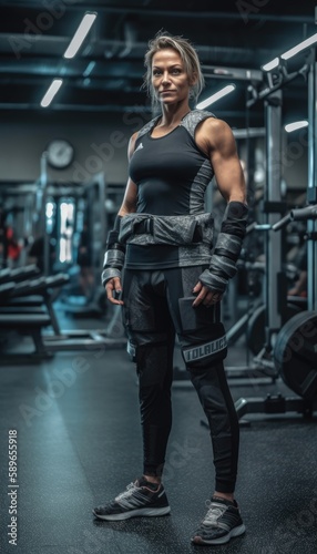 Muscular bodybuilder female athlete demonstrates her body in the gym. Generative AI