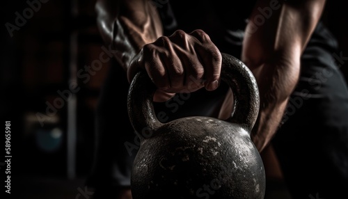 Close-up photo of the athlete doing kettlebell swings with a kettlebell in hand. Generative AI