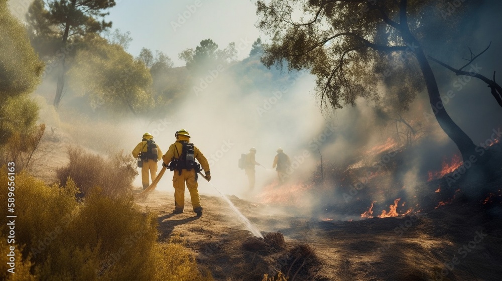 Firefighters putting out a forest or mountain fire. Copy space. Generative IA. 2 Firefighters putting out a forest or mountain fire. Copy space. Generative IA. 2