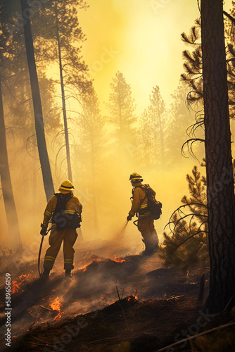 Firefighters putting out a forest or mountain fire. Copy space. Generative IA. 5