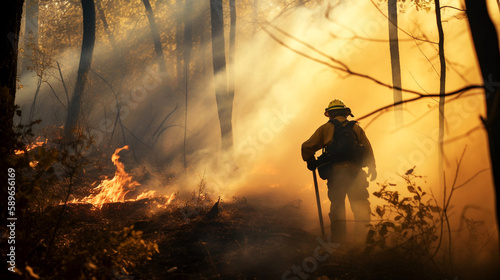 Firefighters putting out a forest or mountain fire. Copy space. Generative IA. 3