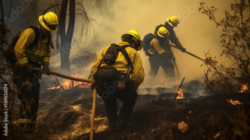 Firefighters putting out a forest or mountain fire. Copy space. Generative IA. 4