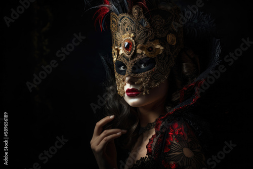 Darkly Beautiful Portrait of a Masquerade-Wearing Woman, generative ai