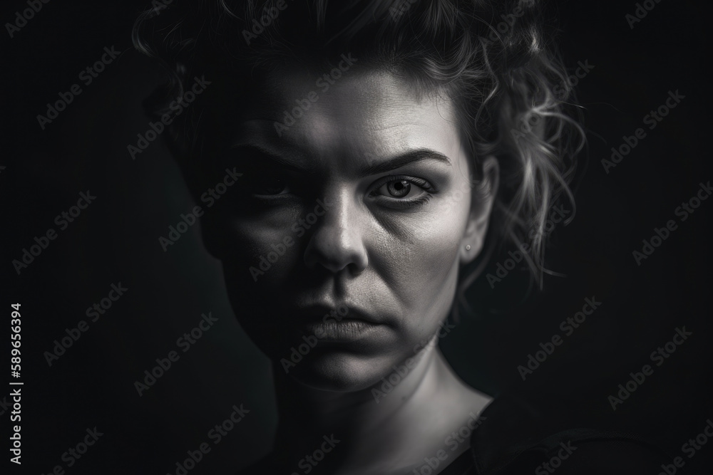 Dramatic portrait of a woman with a fierce and intense gaze in monochromatic style, generative ai Dramatic portrait of a woman with a fierce and intense gaze in monochromatic style, generative ai
