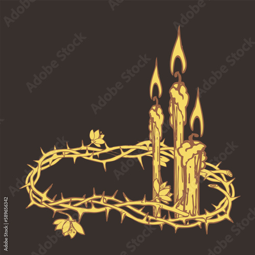 Golden crown of thorns and candles on dark background
