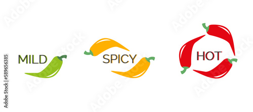 Labels of the level of hot pepper in food. Hot, spicy and mild icon with red, yellow and green chilli peppers. 
