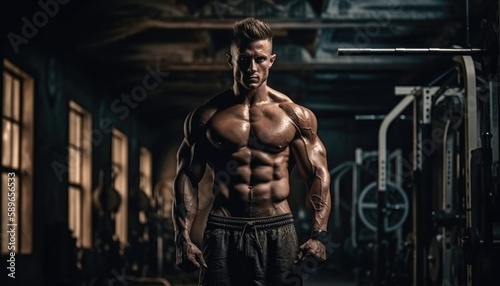 Muscular bodybuilder male athlete demonstrates her body in the gym. Generative AI