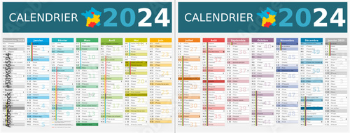 Calendrier 2024 14 mois au format 320 x 420 mm recto verso entièrement modifiable via calques et texte sans serif	 - vacances officielles
