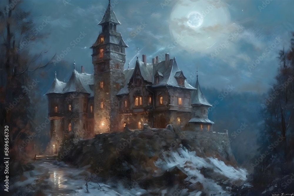 the old Castle in the Night oil painting, generative AI