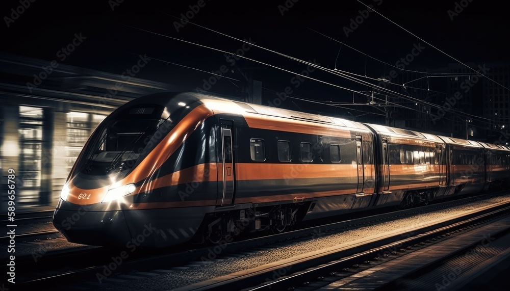 Photo of modern high speed train passing through the city at night. Generative AI