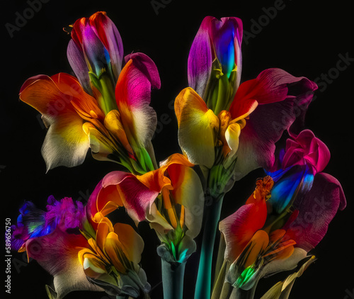Illustration of a bright fantastic bouquet of flowers on a dark background