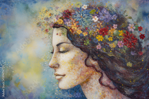 Dreamy portrait of a woman in pointillism art style, with a subtle smile and flowers in her hair, generative ai