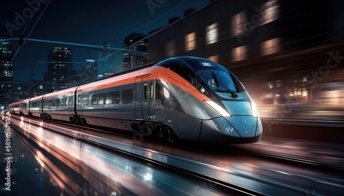 Photo of modern high speed train passing through the city at night. Generative AI © Mustafa