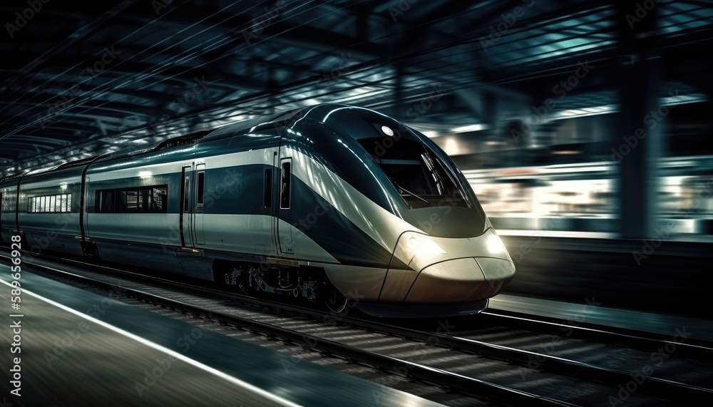 Photo of modern high speed train passing through the city at night. Generative AI Photo of modern high speed train passing through the city at night. Generative AI