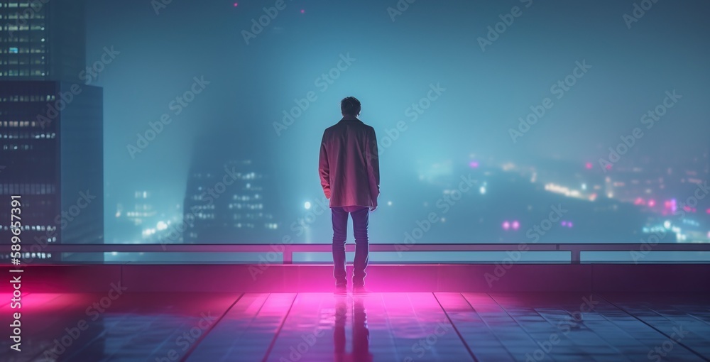 A businessman in a suit stands on top of a skyscraper on a blurred cyberpunk futuristic city panorama background with bright neon lights. Photorealistic Generative AI illustration.