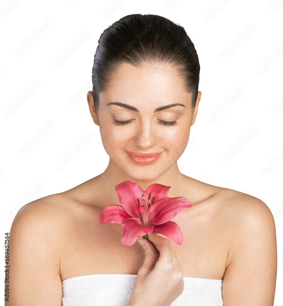 Close up portrait of beautiful young woman with lily. Isolated on background. Skin care or spa concept, caucasian Close up portrait of beautiful young woman with lily. Isolated on background. Skin care or spa concept, caucasian