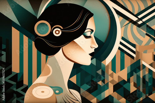 Elegant Art Deco portrait of a woman with a vintage twist, featuring bold geometric patterns and a dramatic color palette, generative ai