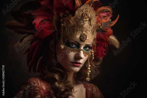 Elegant Masquerade Portrait of a Woman in Intricate Costume, generative ai