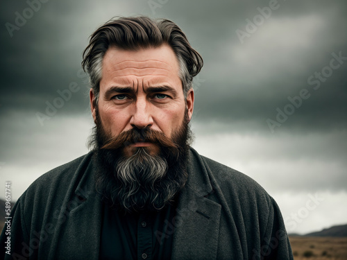 Dramatic portrait of a man, late autumn season, wild landscape as background, dark sky with storm clouds. Generative AI.