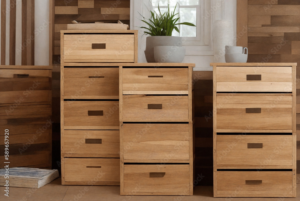 Interior with wooden furniture, a stack of wooden drawers, boxes. Generative AI. Interior with wooden furniture, a stack of wooden drawers, boxes. Generative AI.