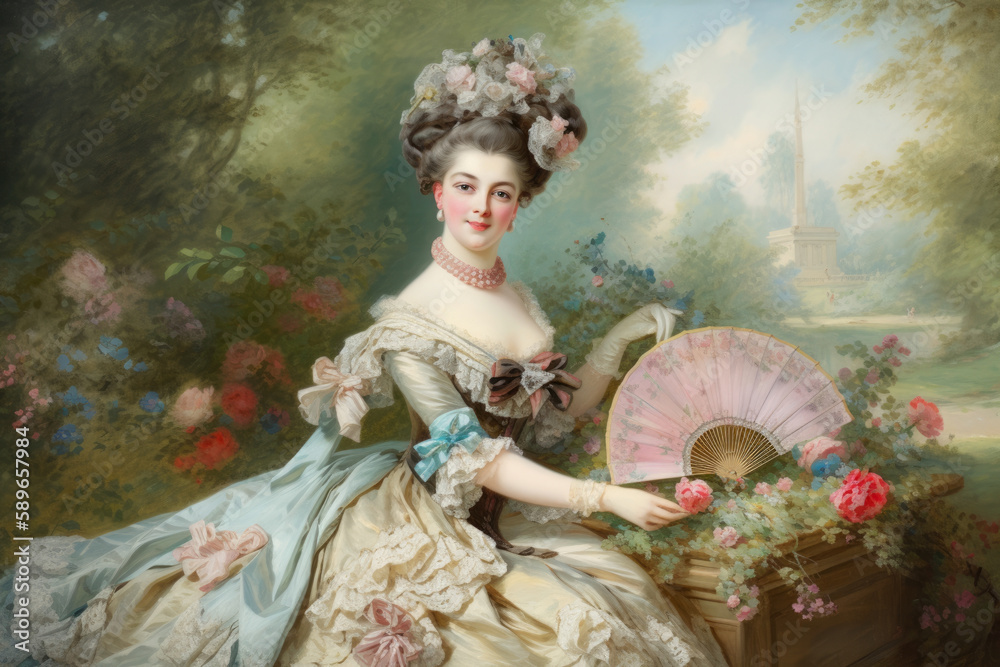 Naklejka premium Elegant Rococo portrait of a lady in a lavish garden setting, surrounded by blooming flowers and greenery, holding a delicate fan in her hand, generative ai