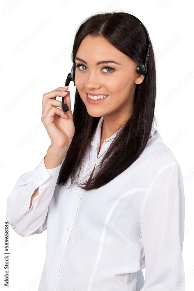 Young woman with headphones, call center or support concept Young woman with headphones, call center or support concept