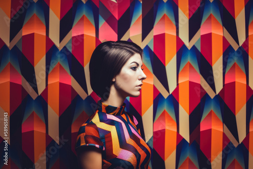 Elegant woman with a geometric-patterned dress and sleek hair standing confidently against a colorful background, generative ai © aicandy