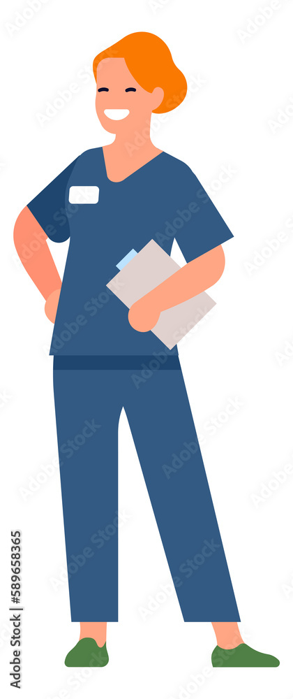 Woman in medical uniform holding paper. Nurse with patient history