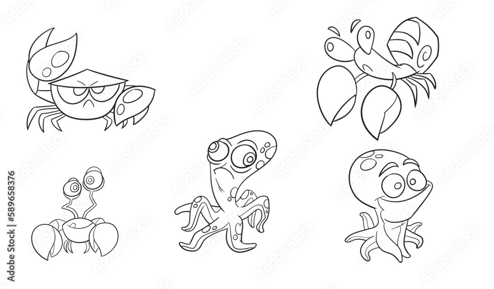 Sea animals group coloring page. Ocean fish, octopus, dolphin, shark, whale, turtle and crab. Doodle style. Outline vector illustration for coloring book. Vector sheet icon.