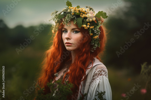 Enchanting Celtic Pagan Woman with Wildflowers in her Hair, generative ai