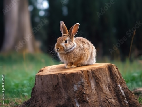 Rabbit sitting on a stump in the forest. Animal in nature.