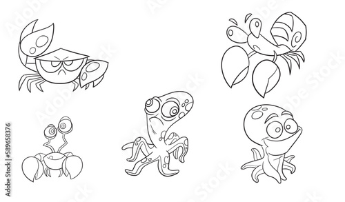 Sea animals group coloring page. Ocean fish, octopus, dolphin, shark, whale, turtle and crab. Doodle style. Outline vector illustration for coloring book. Vector sheet icon.
