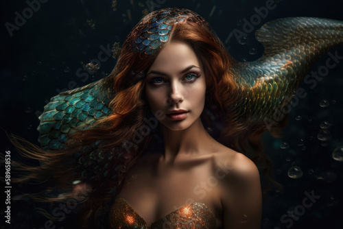 Leinwand Poster Enchanting mermaid emerging from the depths with a mesmerizing gaze and shimmeri