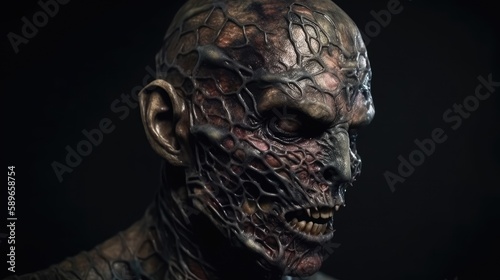  a black zombie head without skin, has face paint and scarification, Very sharp high detailed, realistic, photography, generative ai