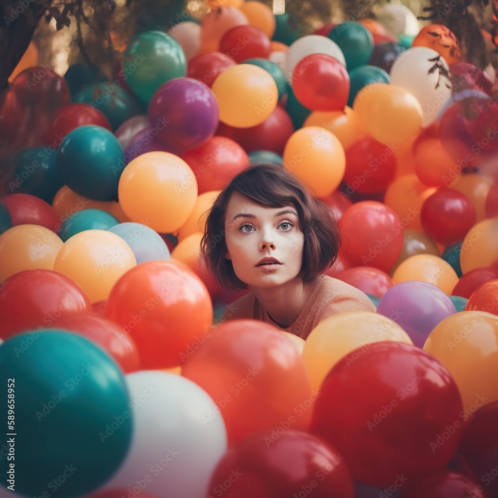 Obraz premium Young woman surrounded by dozens of vibrant balloons 