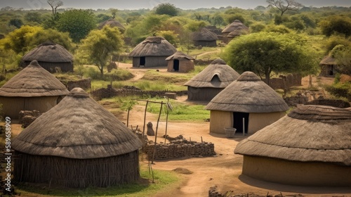  A peaceful African village with traditional mud huts and thatched roofs, realistic, photography, generative ai