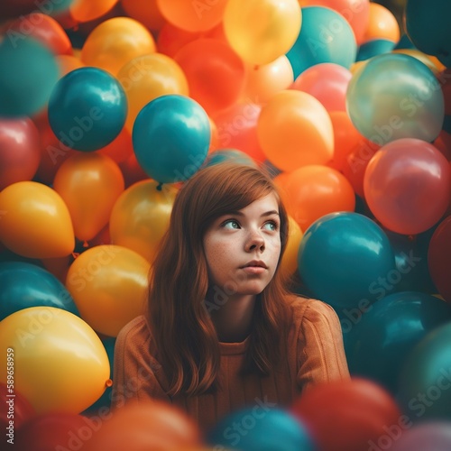 Beautiful girl surrounded by dozens of vibrant balloons 