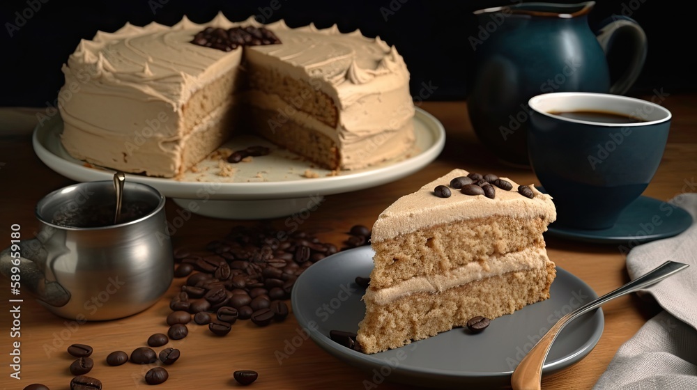 British coffee cake is a sponge cake flavored with coffee and frosted with coffee - flavored buttercream for National Coffee Cake Day, realistic, photographic, restaurant, generative ai British coffee cake is a sponge cake flavored with coffee and frosted with coffee - flavored buttercream for National Coffee Cake Day, realistic, photographic, restaurant, generative ai