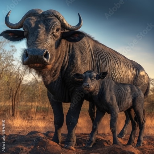  black south african CAPE buffalo  newborn calf and his mother  panoramic view  highly detailed  magnificent full color  unreal engine  realistic  photographic  generative ai