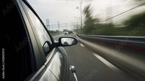  Blurred view of car driving on road, speed, mirrored, realistic, photography, generative ai