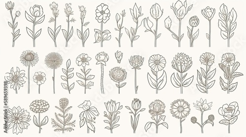  Flowers line icons set. Blooming plants - rose, tulip, daisy bouquet, sunflower, lotus, chamomile, dandelion, chrysanthemum, lily vector illustration. generative ai