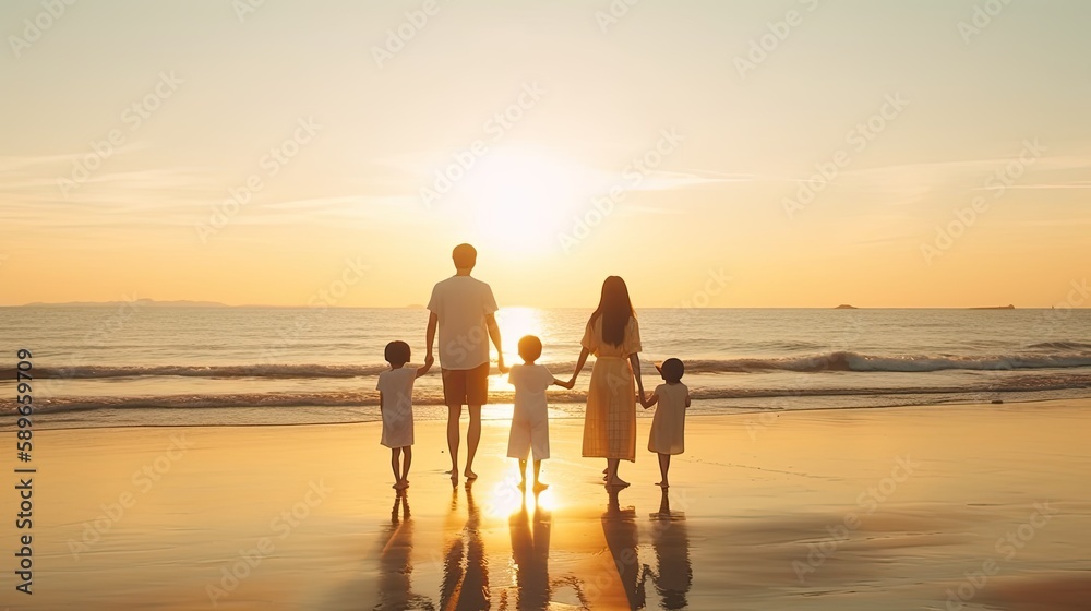 Happy asian family together on the beach in holiday. of the family holding hands enjoying the sunset on the beach, family, vacation, generative ai